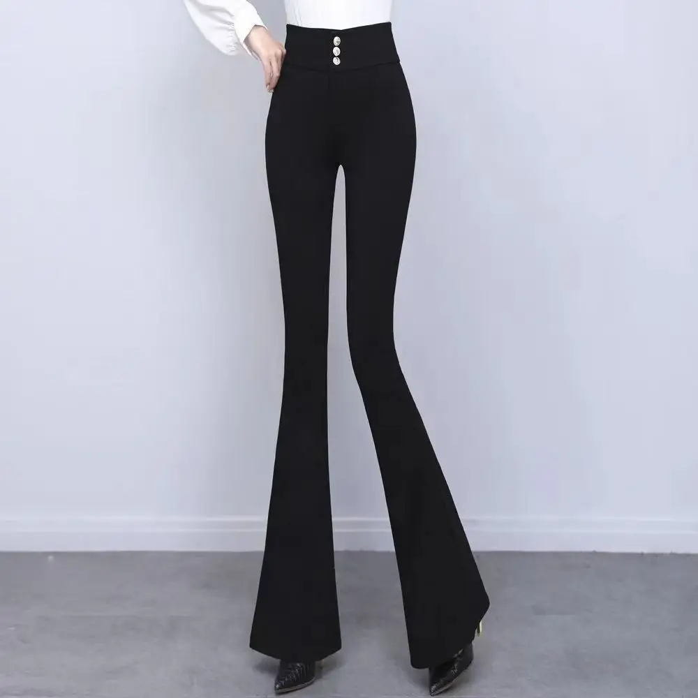 

All-Match Women Fashion Elastic Waist Black Flared Pants Solid Color High Waist Wide Leg Trousers Casual Office Lady Pants A123