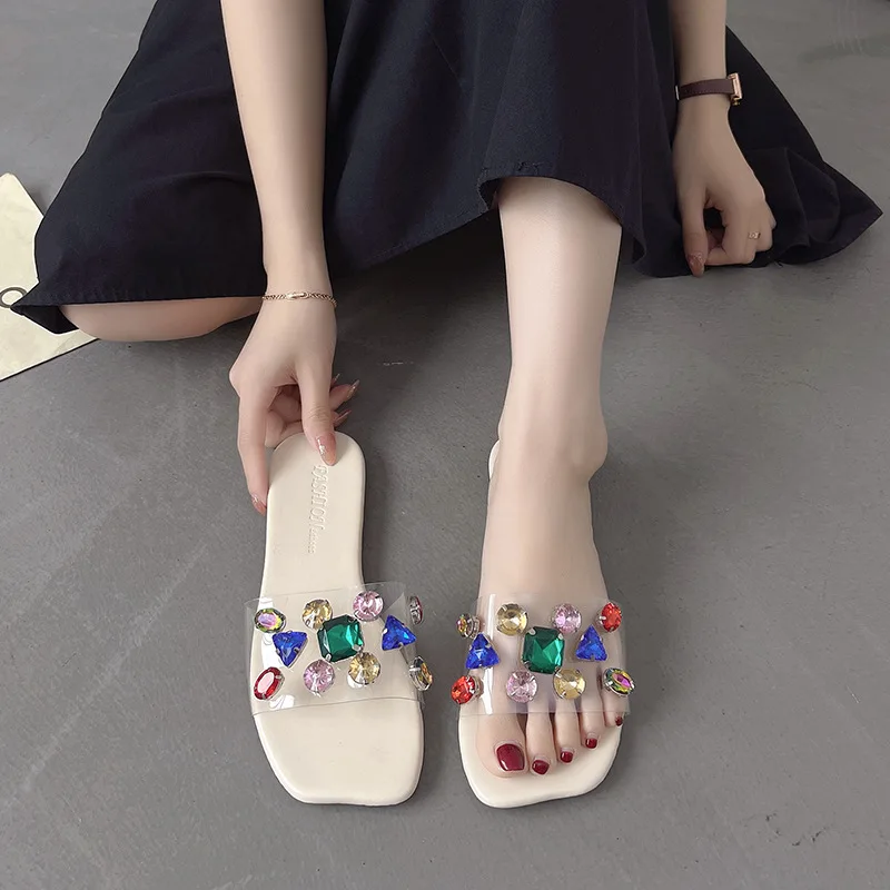 Large size women's flat bottom sandals 2022 summer new outer wear rhinestone square root slipper