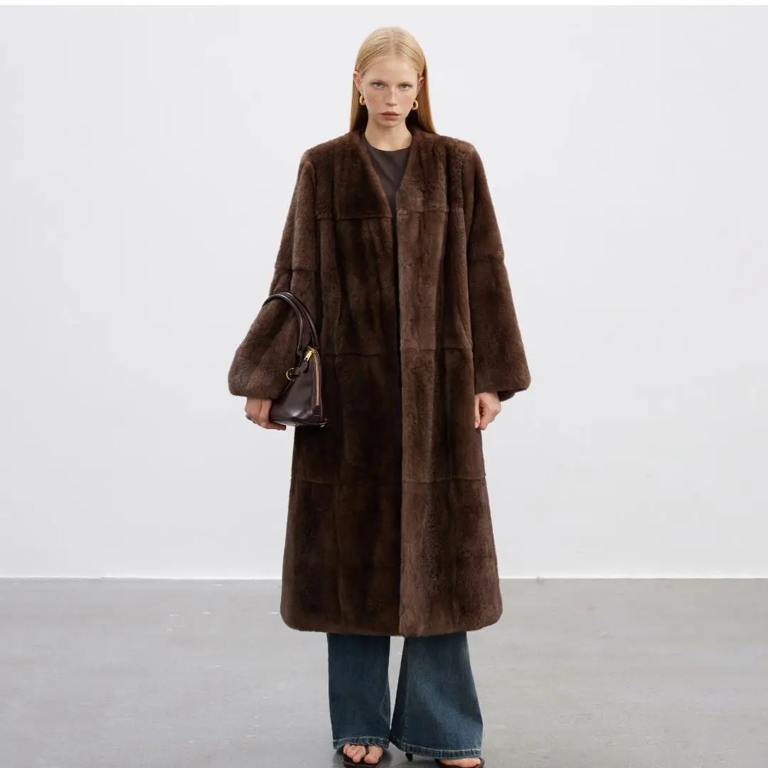 Новое зимнее длинное пальто из натурального меха кролика рекс женское с пушистым