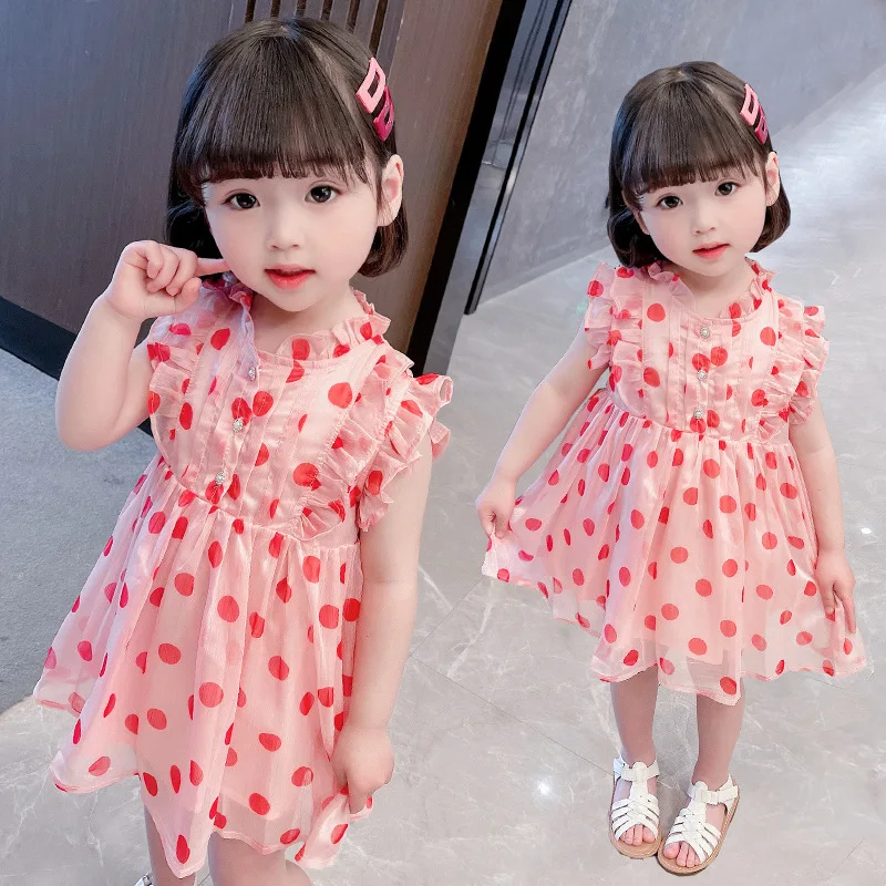 

Girls' polka dot dress 2022 summer children's foreign style Korean version baby summer sleeveless fungus edge princess skirt