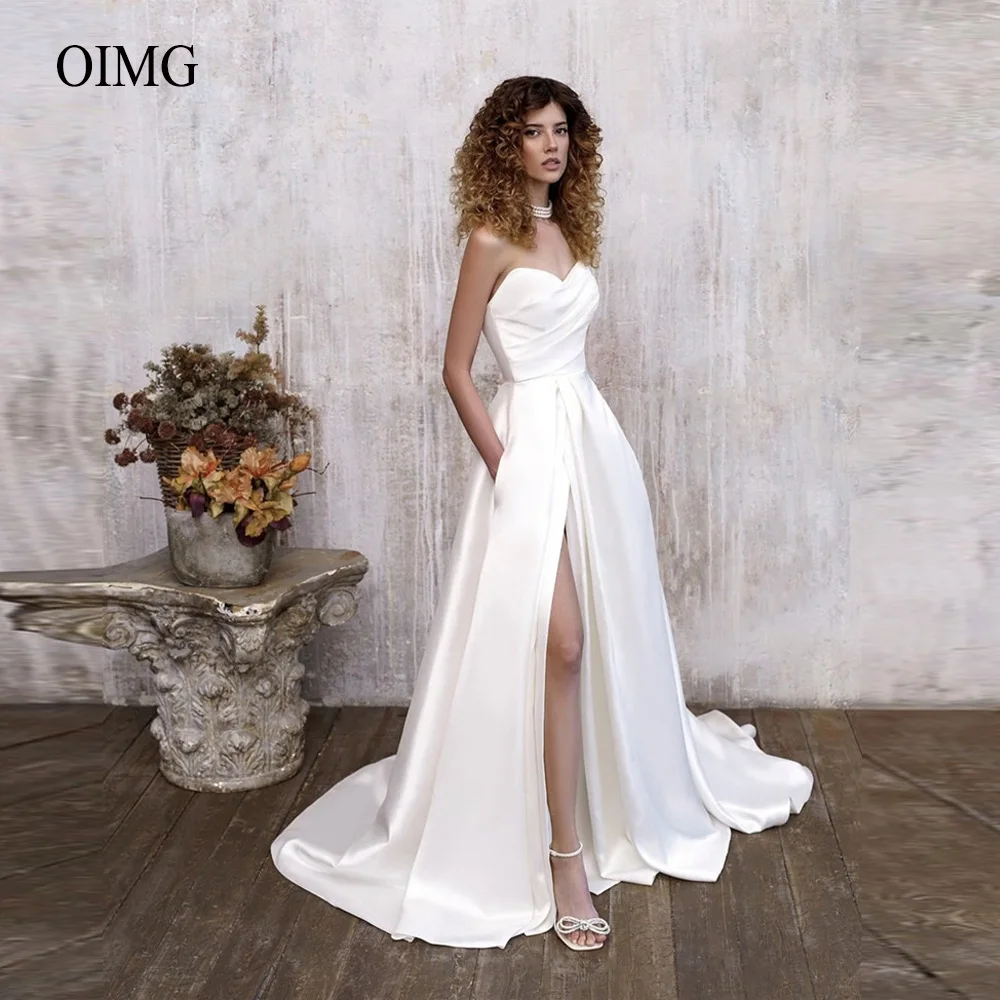 

OIMG A Line Sweetheart Wedding Dresses Satin Pleats Side Slit Sweep Train Simple Bridal Gowns With Pocekts Robe de mariage
