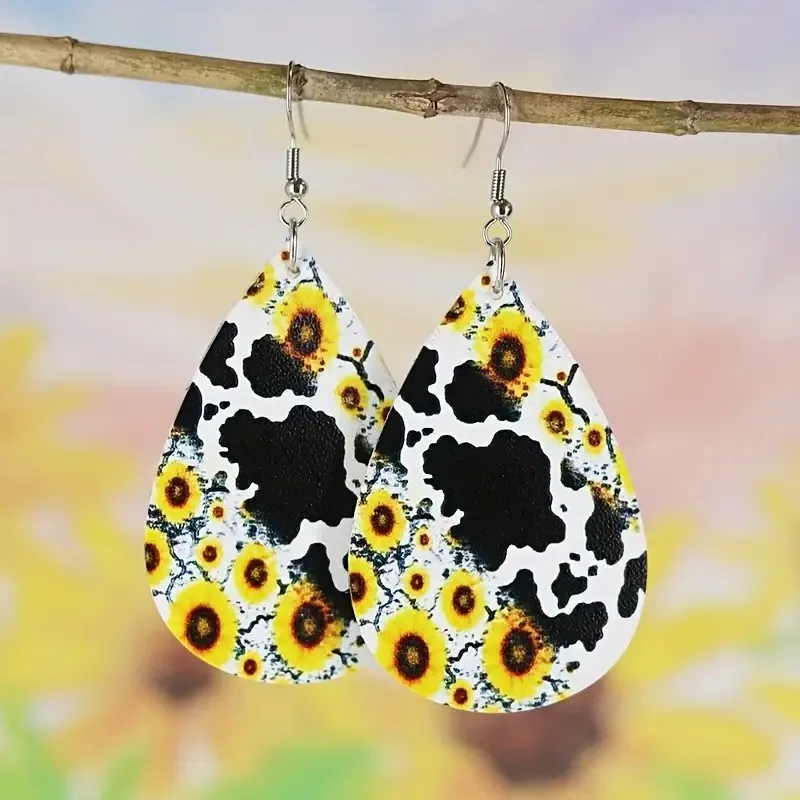 

1Pair Bohemian Fashion Style PU Leather Droplet Earrings Sunflower Cow Print Men's and Women's Daily Wear Ear Jewelry Creative P