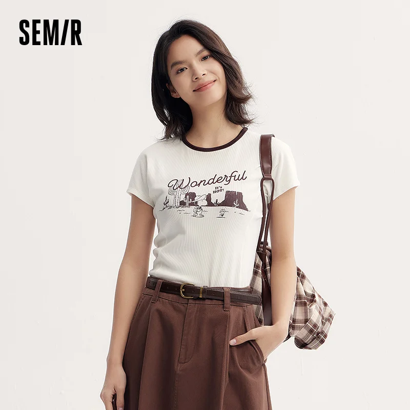 Фото Короткая футболка Semir, тонкий топ, женский летний топ 2025, цветной блок, модный винтажный принт №3