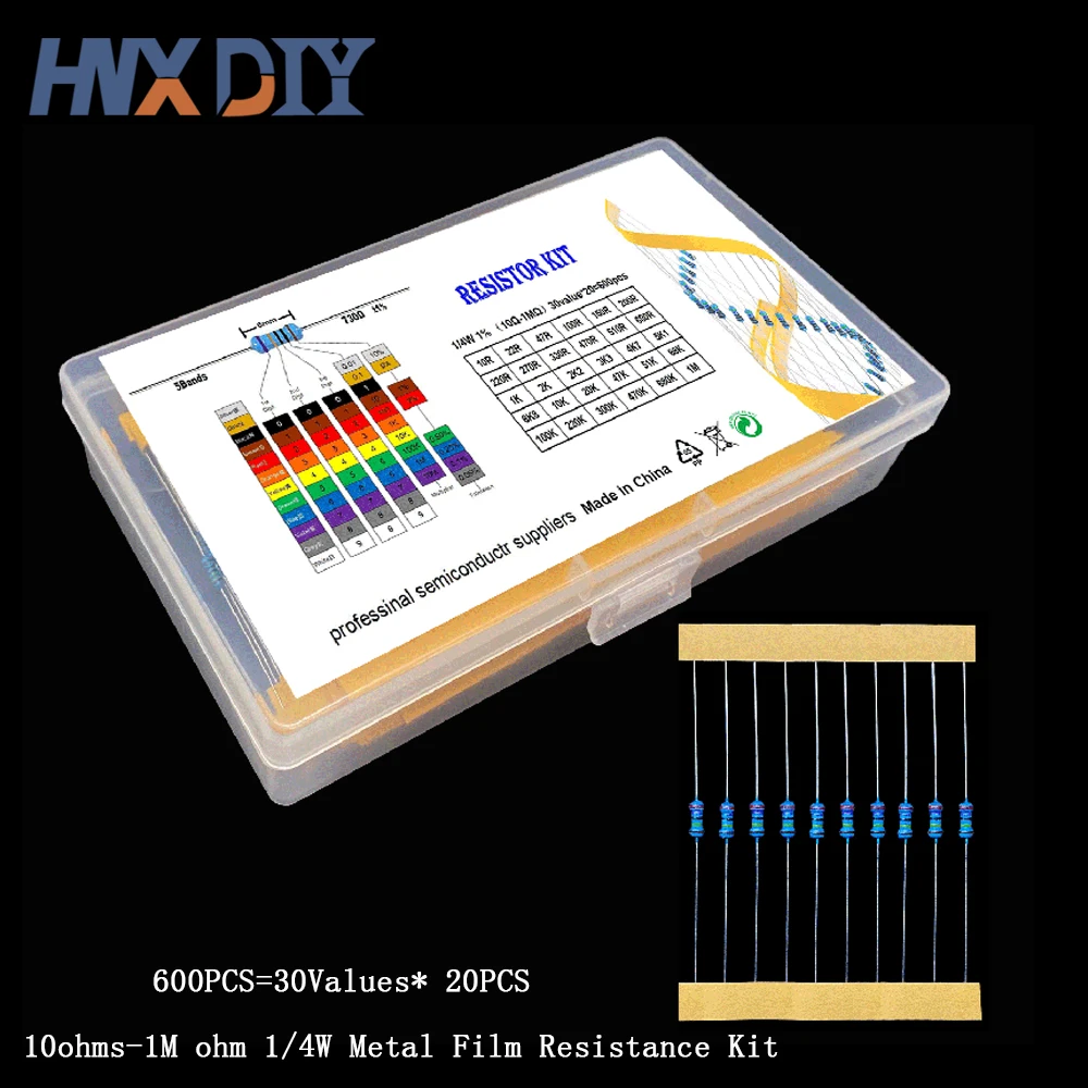 

600PCS 30Values* 20PCS 1% 1/4 W resistor pack set diy Metal Film Resistor kit use colored ring resistance (10 ohms~1 M ohm)