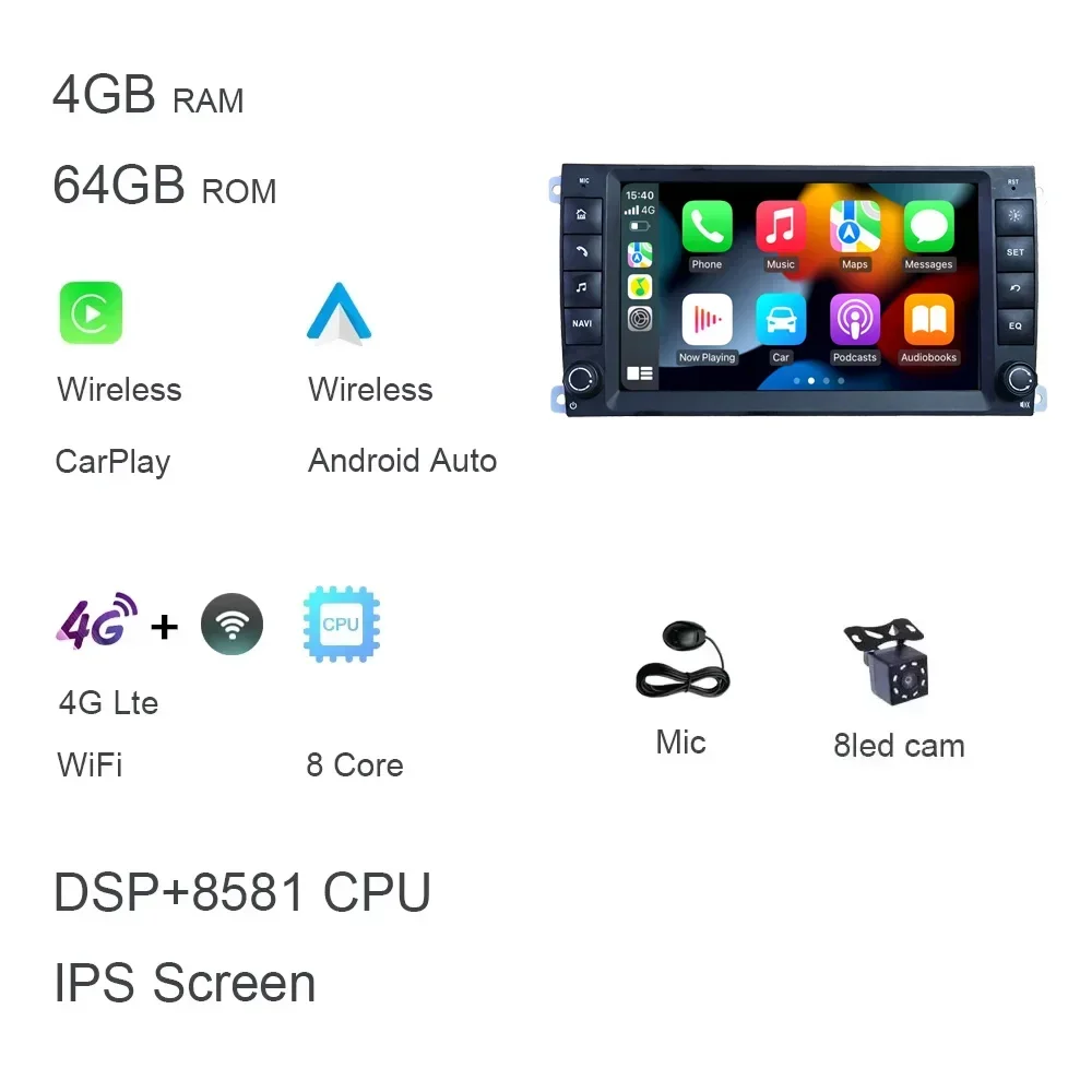 

7 "Carplay DSP IPS Android 13.0 8 ГБ + 128 ГБ 8-ядерный мультимедийный плеер GPS-радио Wi-Fi для Porsche Cayenne 955 957 9PA 2002-2010