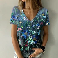 2022 summer womens floral theme painting t shirt flower print v neck basic tops 3d print shirt loose plus size clothes new