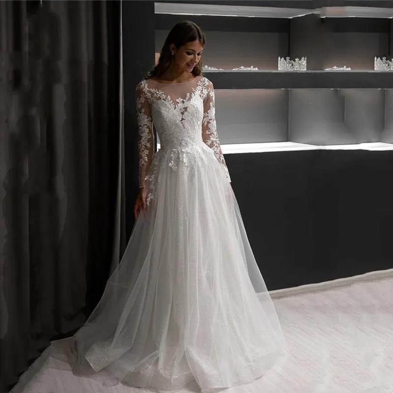 

QUEEN Bridal Elegant Wedding Dress A-line O-neck Full Sleeves Buttons Appliques Bridal Gowns For Women Custom Vestido De Noiva