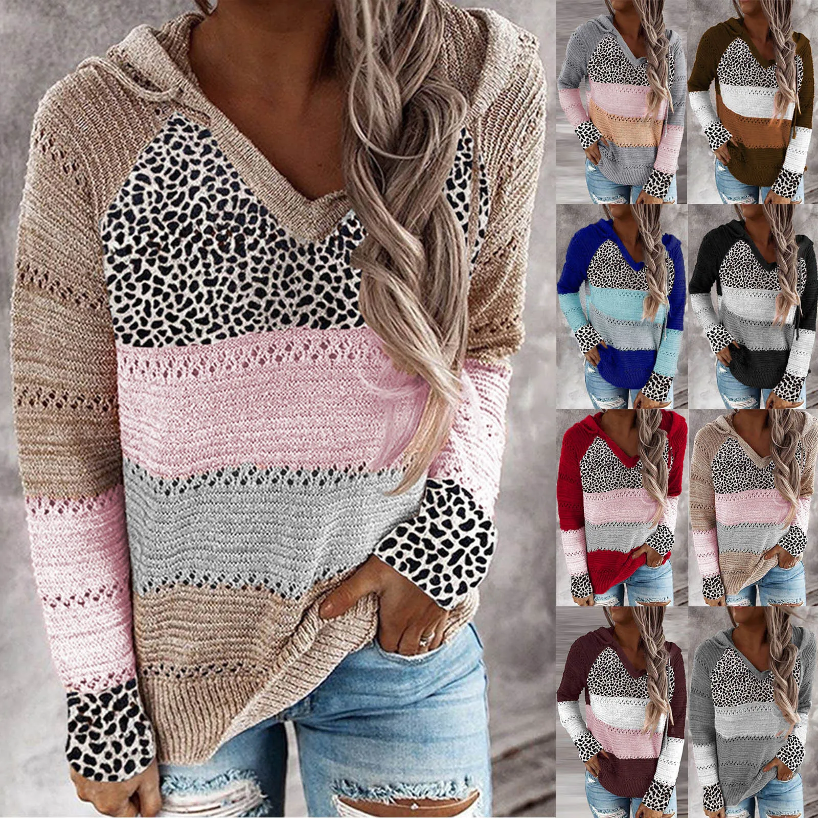 

New Fall Winter Patchwork Hooded Sweaters for Women Long Sleeve V-Neck Slim Pullover Tops Jumper Plus Size Female Knit Sweaters