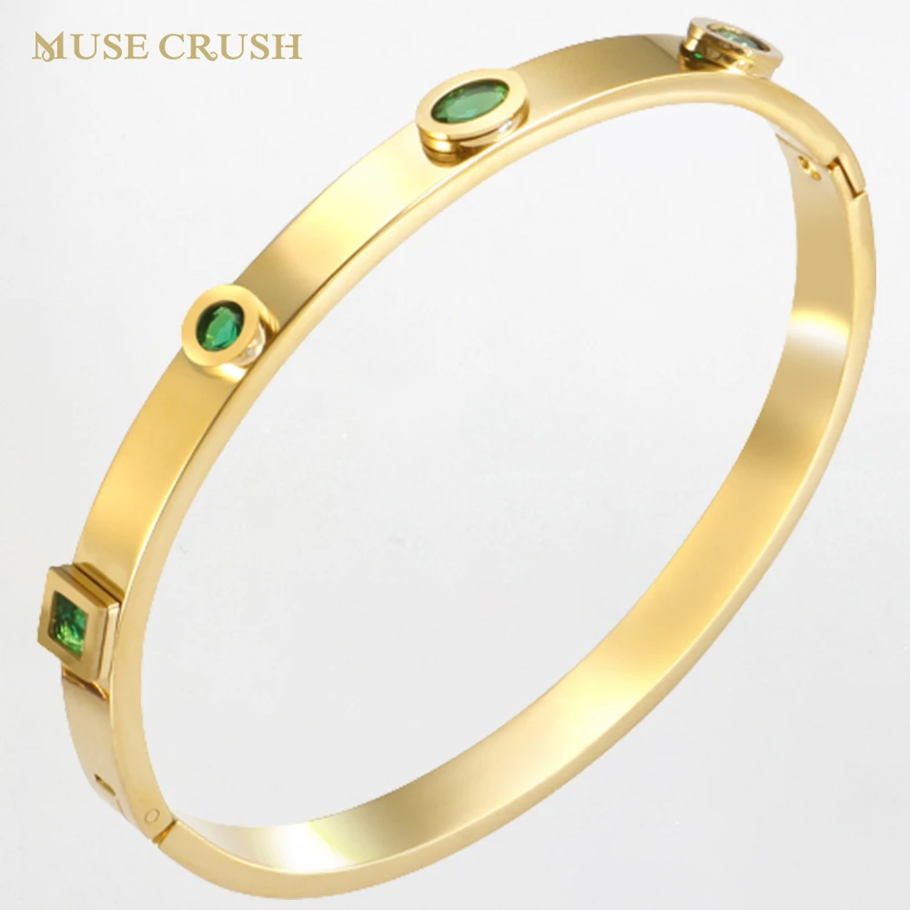 

Stainless Steel Cuff Bangle for Women 2023 New in Trending Luxury Designer Green Zircon Gold Plated Hand Bracelet Ladies Jewelry