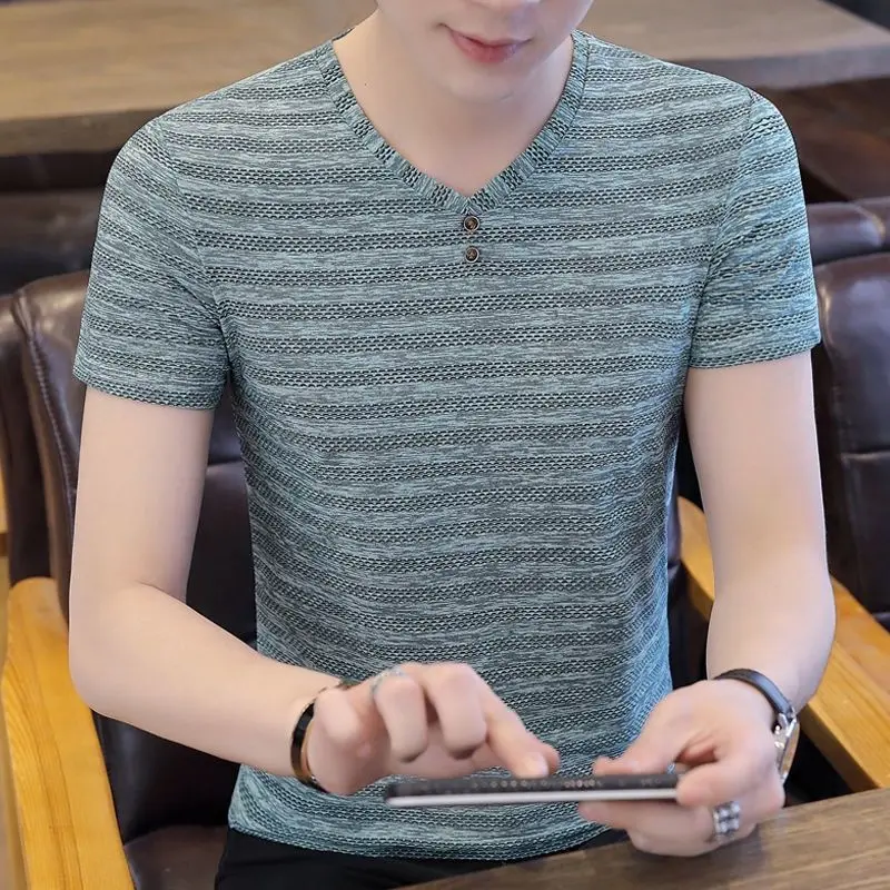 

Summer Men T Shirts Lightweight Ice Short Sleeve Slim Young Fashion Trend Button V Neck Male Streetwear Clothing