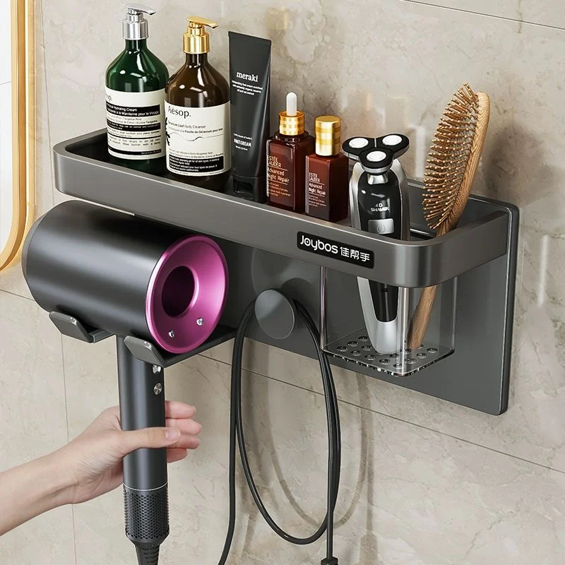 

Wall-mounted Hair Dryer Shelves Without Holes Bathroom Light Luxury Bracket Storage Hangers Black High Quality Shelf Organiser