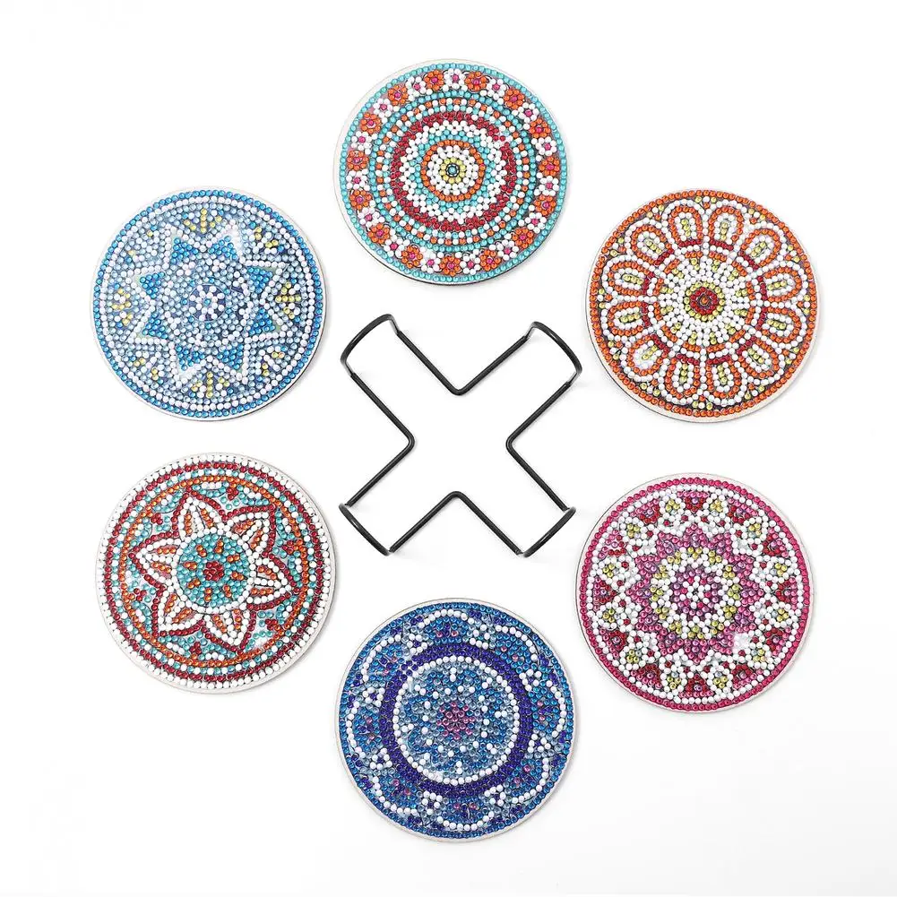 

6pcs Mandala Diy Diamond Painting Set With Holder Insulation Pad Kitchen Drinks Coaster Making Crafts Beverage Coaster Decor