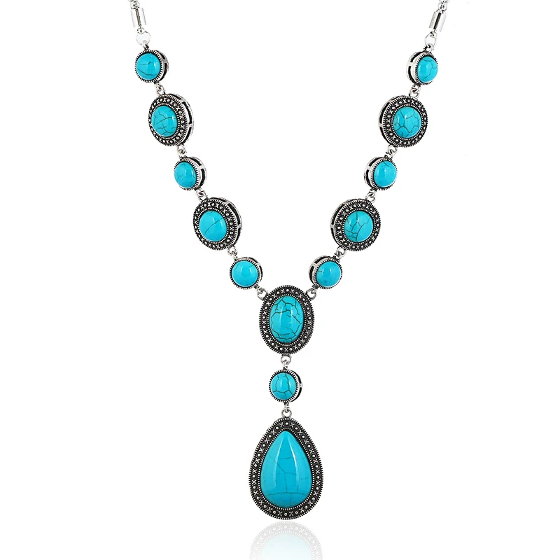 

Natural Women Necklace Bohemian Bead Silver Vintage Statement Pendant Handmade Turquoise Western Necklaces Jewelry For Gift