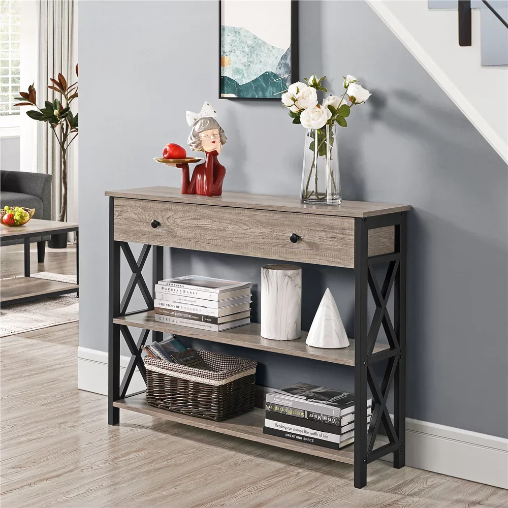 

Wood and Iron Console Table, 1 Drawers and 2 Shelves，Durable and Strong，51.4 Lbs，39.50 X 11.60 X 31.70 Inches