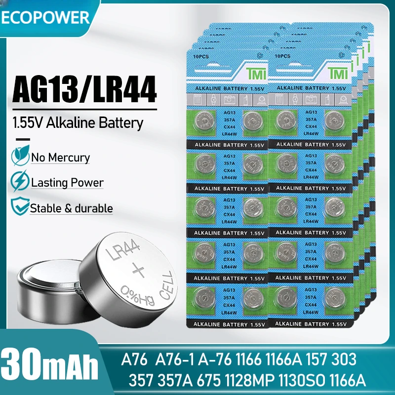 Оригинальная щелочная батарея AG13 LR44 200 В, 50-1,55 шт., 357A LR1154 SR1154 SR44 A76 357 для часов, фотоэлемент для часов