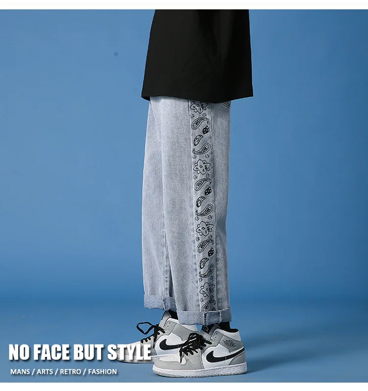 Men's Jeans New Fashion Cashew Flower Jeans Hong Kong Wind Trend Stitching Wide-leg Straight-leg Pants Streetwear Мужские джинсы