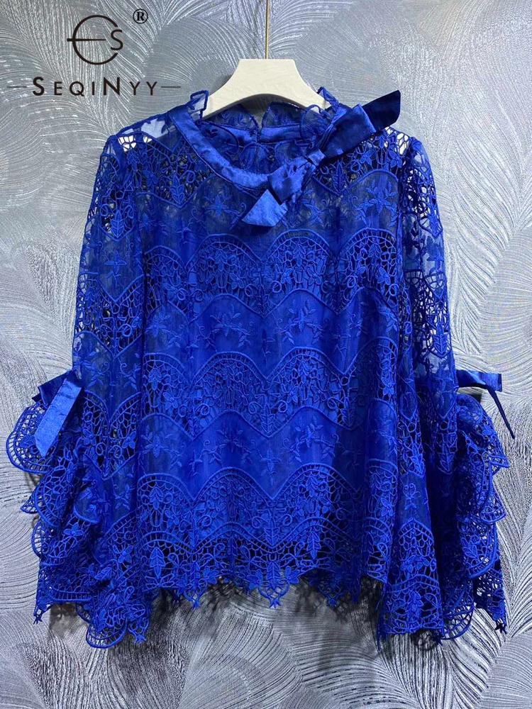 SEQINYY Loose Top Summer Spring New Fashion Design Women Runway High Street Bow Embroidery Vintage Flowers Lace Elegant