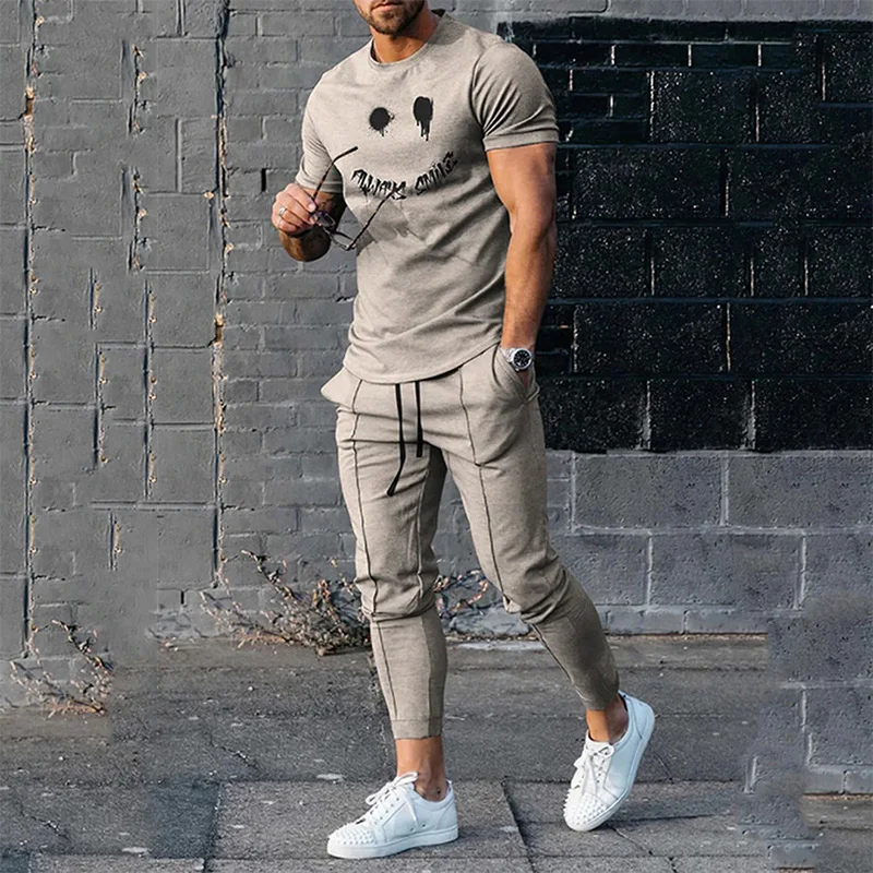 2023 Men's Summer Tracksuit 2 Pieces Lattice Printing T-Shirt+Trousers Set Casual Jogging Suit Fashion Male Oversized Streetwear