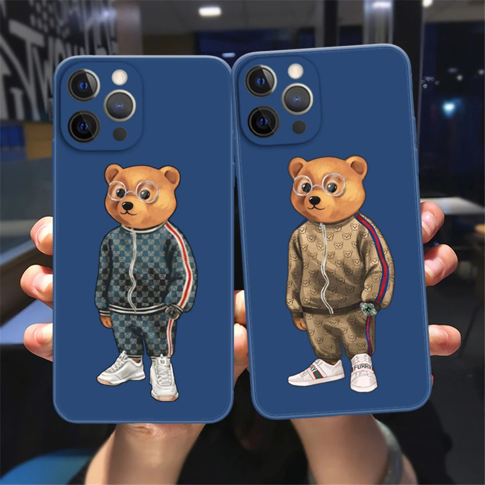

Hot Cute Bear Fashion Brand Protective Case for IPhone 13 12 11 14 Pro Max XSMax XR X 7 8 14Plus Blue Silicone Soft Bumper Cover