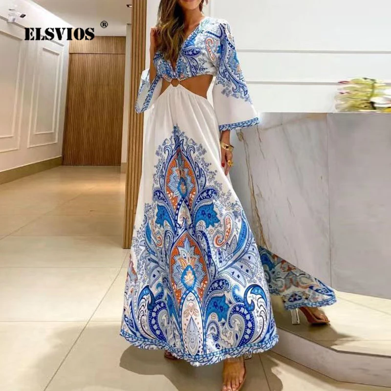 

Summer Fashion Printed Hollow Out Maxi Dress Sexy V Neck Flare Sleeves Backless Dresses Beach Party Bohemia Vestidos For Women