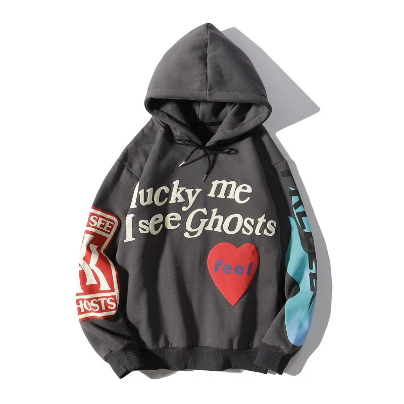 

Love letter graffiti printing plus velvet hat jacket Male and women's width wool hoodie hip shirt hip -hop sweatshirt