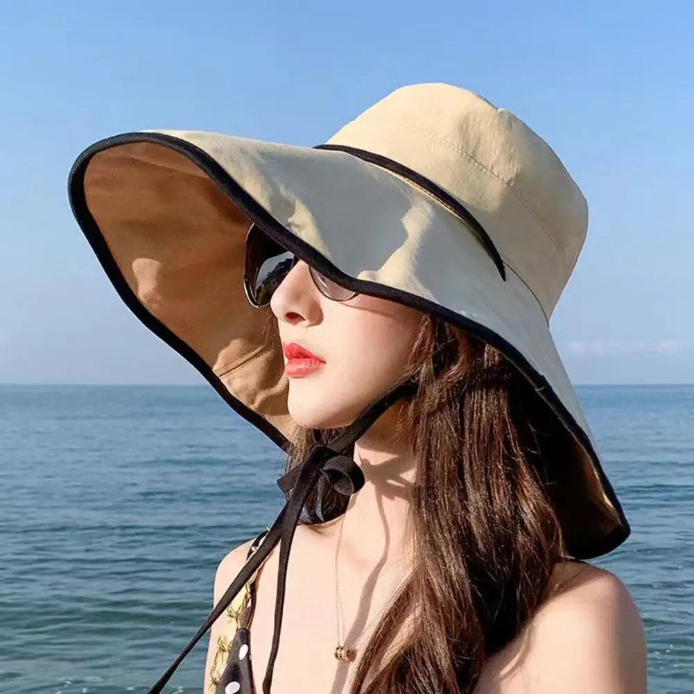 

2022 Women Sun Hat Panama Caps Fisherman Hat Sunscreen Anti-UV Fasten String Big Brim Bucket Hats for Women Beach Hat gorras 모자