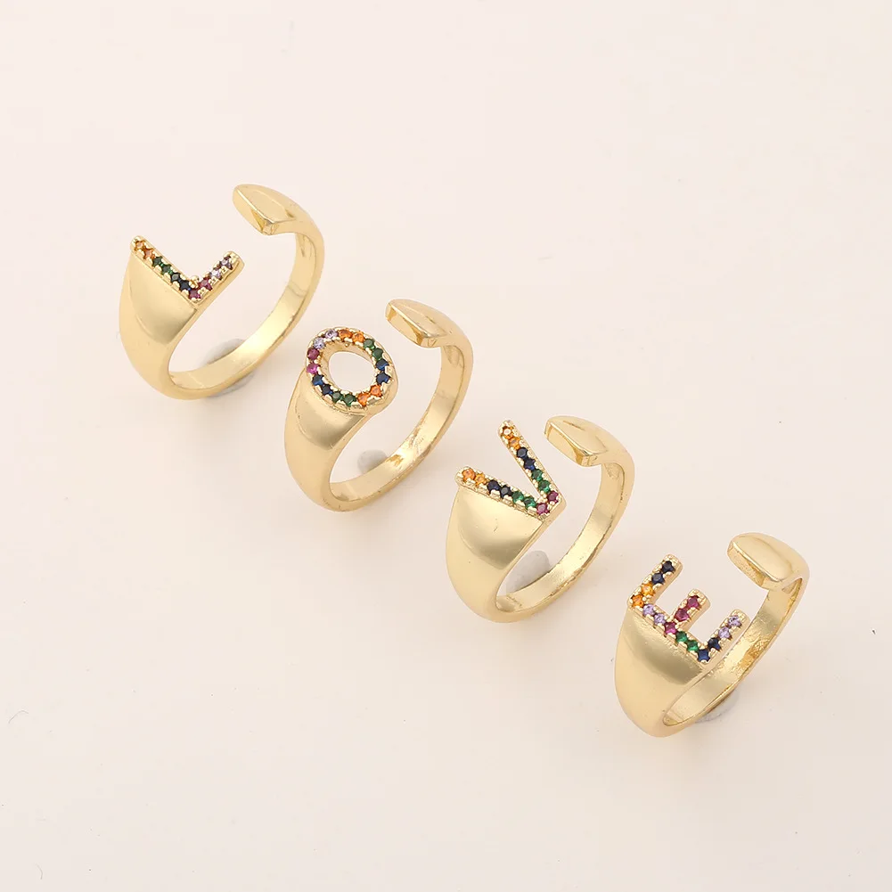 

Wholesale New Women's Jewelry Copper Micro-inlaid Zircon 26 English Alphabet Open Ring Personality Cute Small Ring Gift