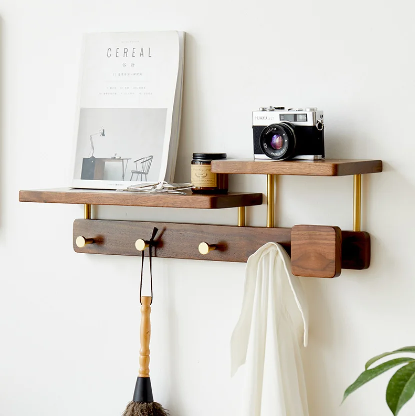 

Entrance porch hanging hanger wall hanging clothes hook walnut wood shelving wall hanging living room storage clothes shelf