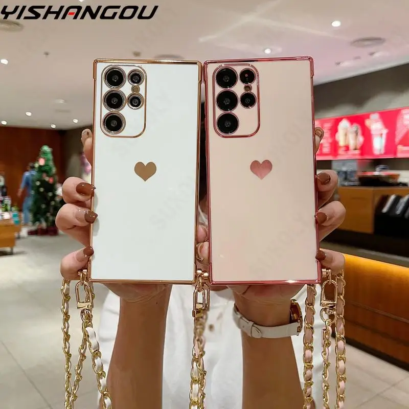 

Case For Samsung Galaxy S22 S23 Ultra S21 Plus S20 FE A53 A52 A54 A13 Luxury Crossbody Lanyard Strap Plating Heart Phone Cover