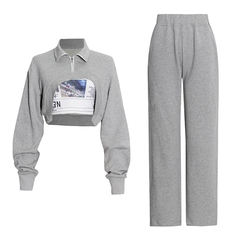 Gray Casual Three Piece Set for Women Turtleneck Long Sleeve Sweatshirt Print Vest Wide Leg Pant Female Sets Spring