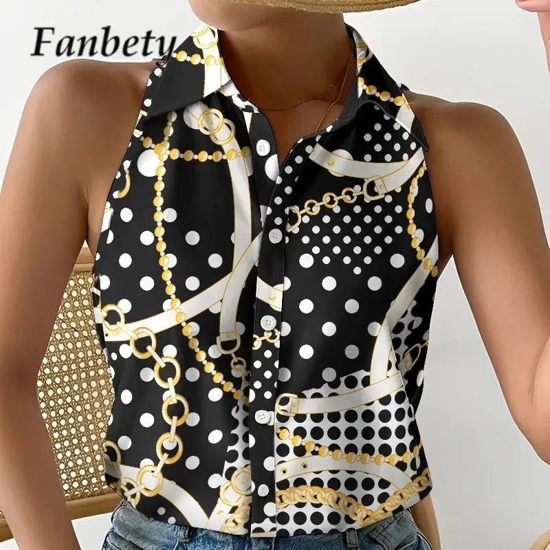 

2023 Summer Women Pattern Print Tops Elegant Ladies Sleeveless Lapel Collar Shirt All-match Vintage Single-breasted Tank Blouse