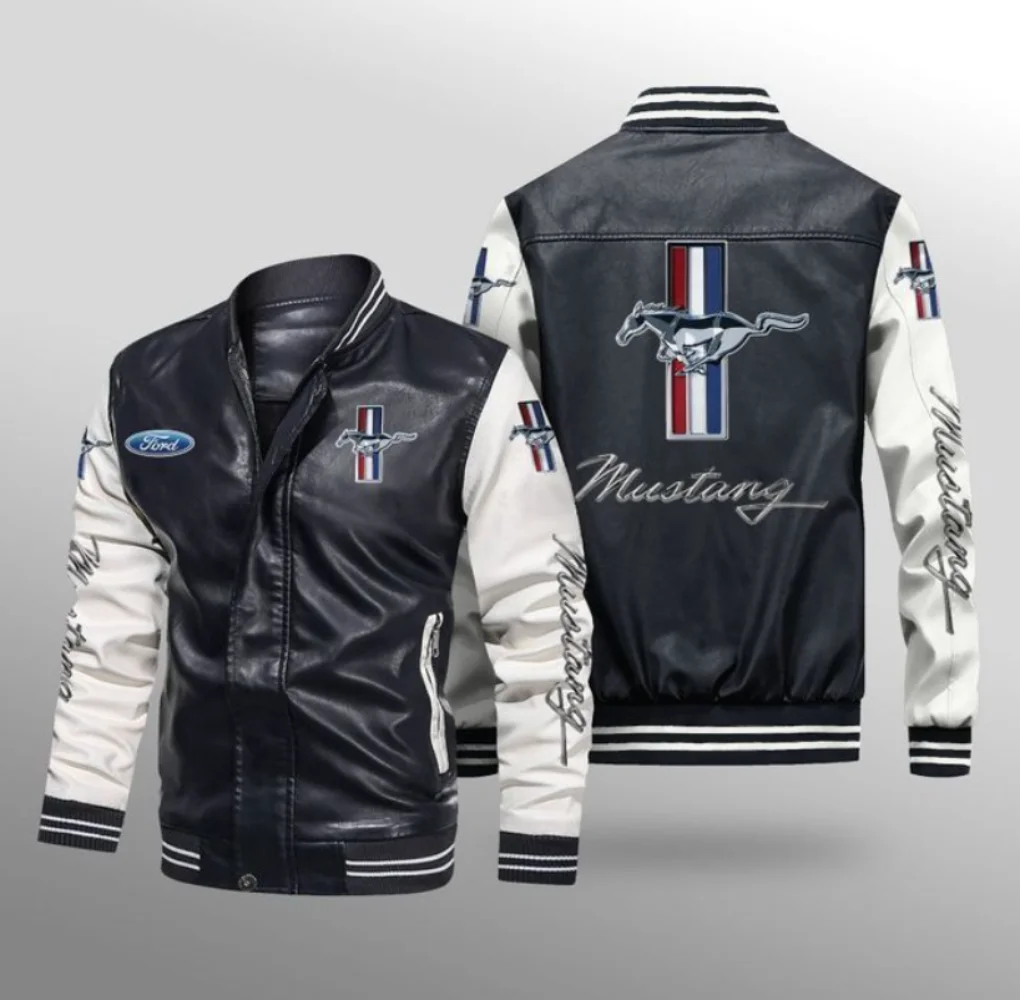 Vintage Ford Mustang Logo Motorcycle PU Leather Jacket Men's Baseball Bomber Coat Unisex Men's Oversize Varsity