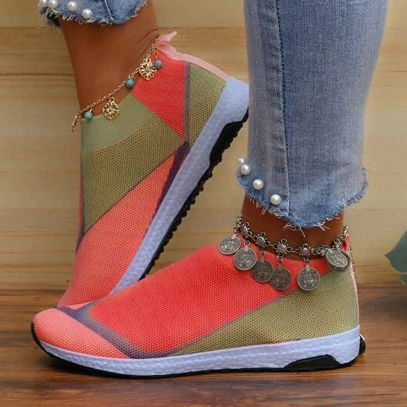 Fashion Color Matching Women Sneakers Breath Mesh Sock Shoes Lace Up Flat Heel Lightweight Sole Leisure Shoes Running 2023 New