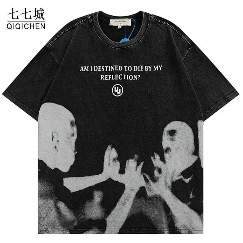 

Mens Washed T-Shirt Summer Hip Hop Harajuku Reflection Graphic Printed T Shirts Streetwear Cotton Casual Short Sleeve Tee Tops