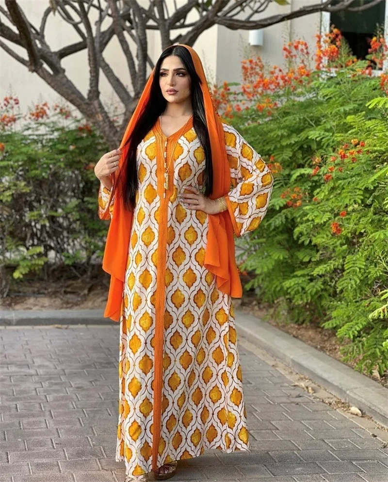 

Muslim Jalabiya Fashion Orange Dubai Hijab Dress For Women Eid 2022 Moroccan Caftan Turkey Arabic Oman Islamic Clothing