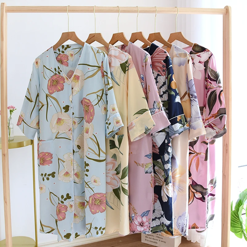 Summer Short-Sleeved Nightdress with Chest Pad Women's Cotton Silk Bra-Free Loose Artificial Cotton Long Dress Pajamas