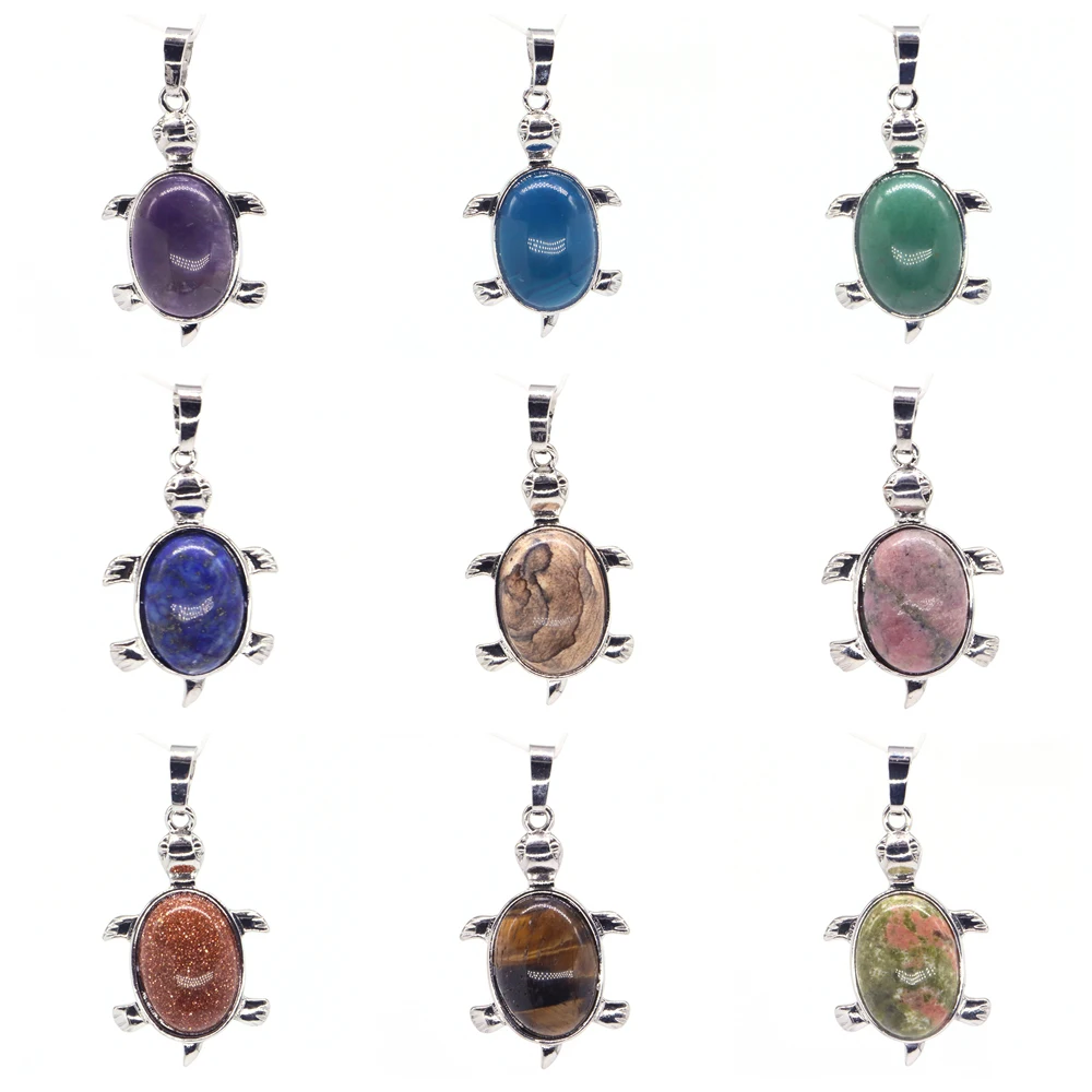 

Animal Tortoise Natural Stones Cabochon Bead Pendants for Necklace Fashion Silver Plated Tiger Eye Turtle Charms Crystal Jewelry