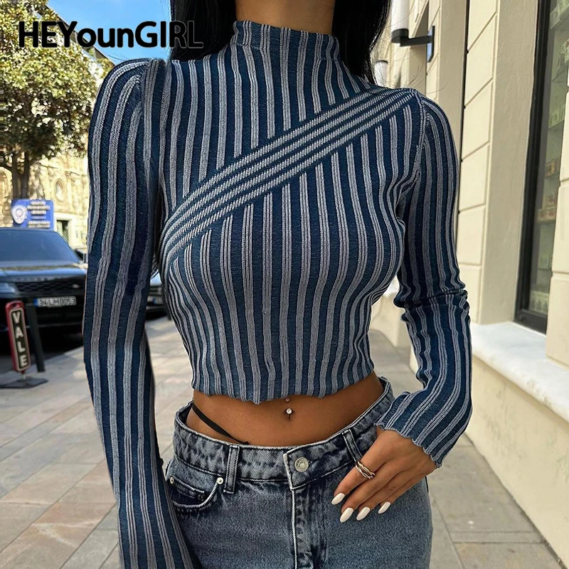 

Женский винтажный полосатый свитер HEYounGIRL, зимний наряд, минималистичные вязаные укороченные пуловеры с длинным рукавом, уличная женская одежда