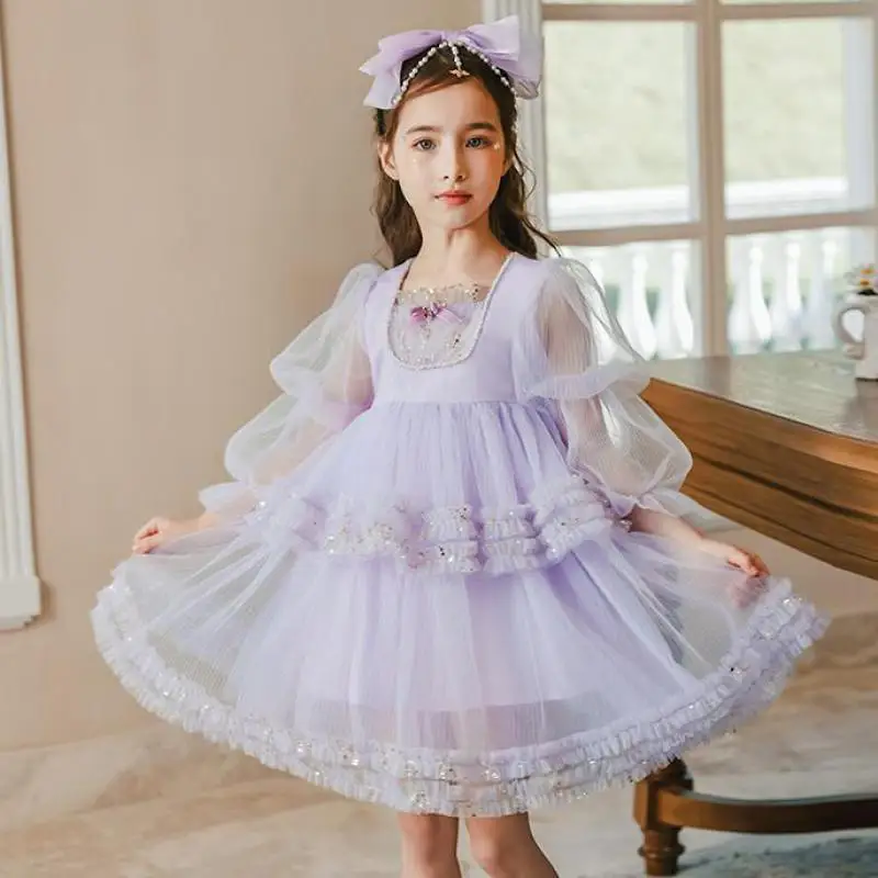 

Children Party Dresses 2022 Spring Summer Puff Sleeve Loose Mesh Hem Knee Length Gowns Kids Birthday Wedding Party Clothes