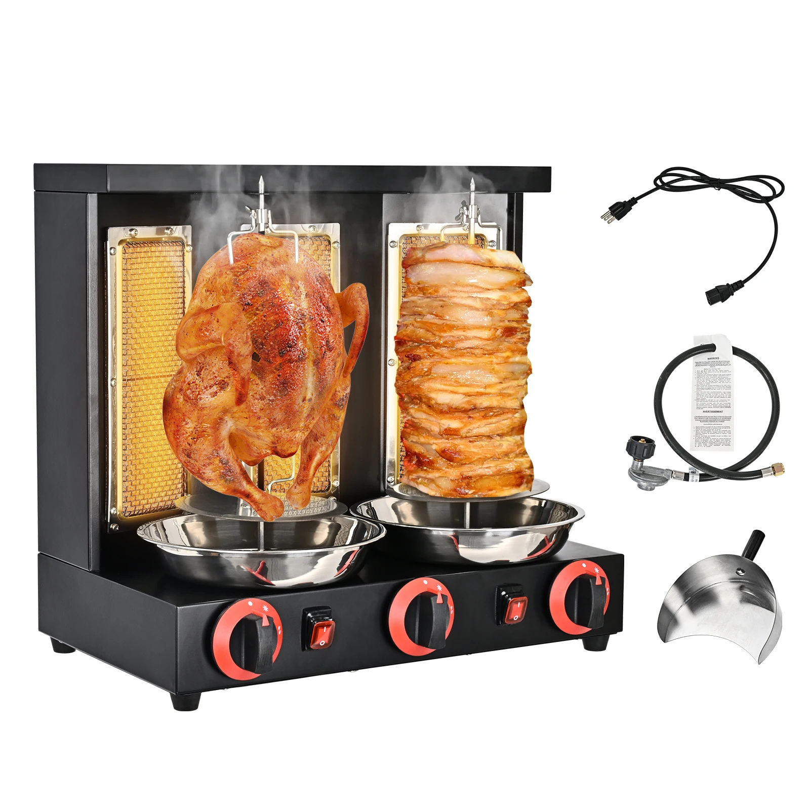 

110V/220V Vertical Rotisserie Oven Grill Gas Commercial Shawarma Machine 3 Burners Doner Kebab Gyro LPG 360° Rotating