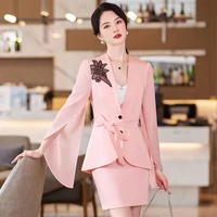 2022 spring and summer workplace office clothes women black skirt suits v neck slim flying sleeve pink white 2 piece sets