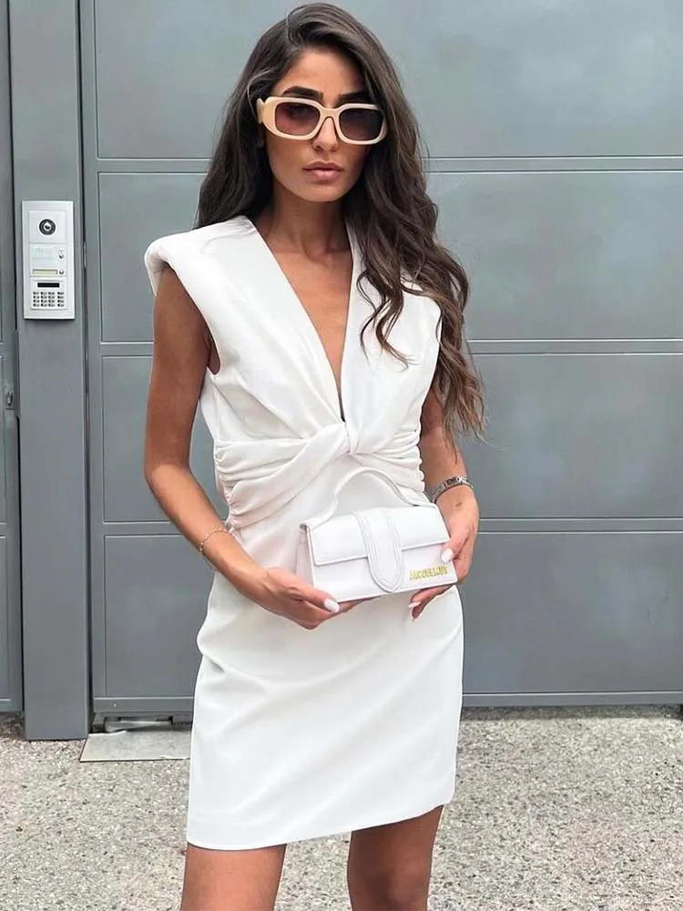 

KLKXMYT TRAF женское летнее платье 2022 модные с плечевыми подушечками мини платья для женщин без рукавов короткие женские платья Вечерние