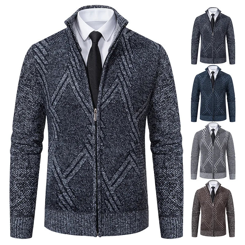 Мужской утепленный плюшевый свитер с воротником-стойкой на осень и зиму