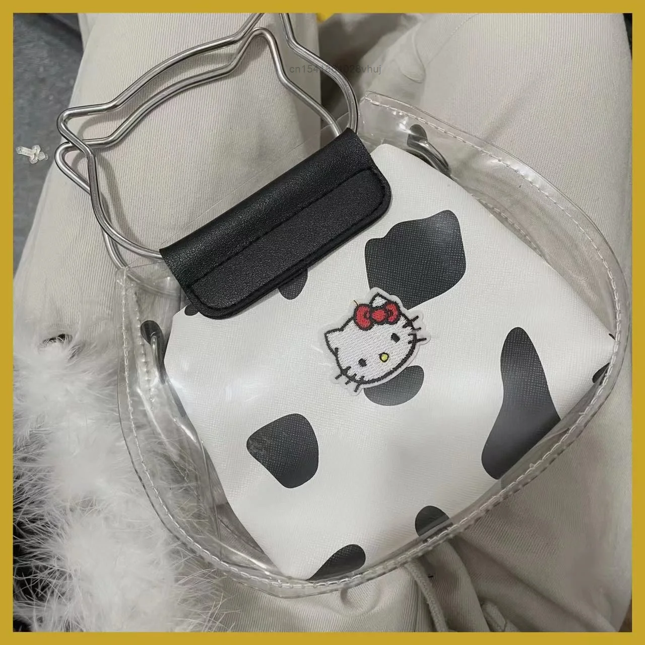 Kawaii Hello KT Cow Pattern Handbag Japanese Style Shoulder Tote Transparent Trendy Messenger Crossbody Bags Lady Women Y2k Girl