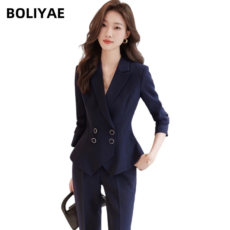

Boliyae Women Elegant Formal Blazer and Pants Suits Ladies Slim Double Breasted Office Business Work Wear Jacket Coat Trousers