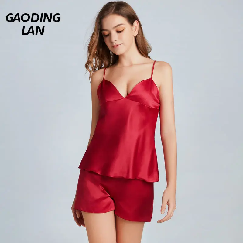 

GAODINGLAN Summer Solid Color Sleeveless Ice Silk Women Pajamas Set Thin Shorts Suspenders Sleepwear Suit Female Home Nightwear