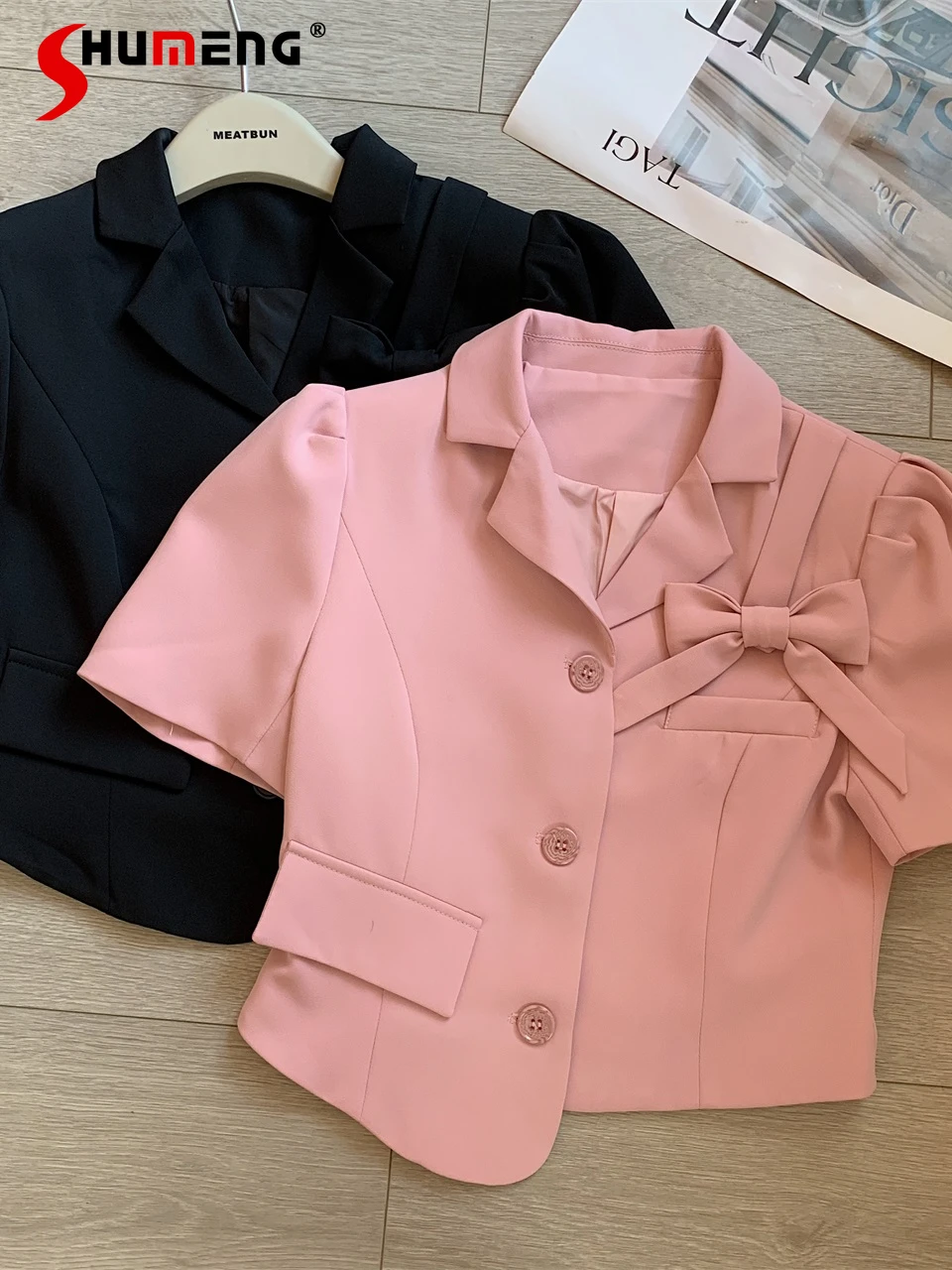 

Asymmetric Bow Short Suit Jacket for Women 2022 Summer New Short Puff Sleeve Clothing Elegant Solid Color Slimming Coat