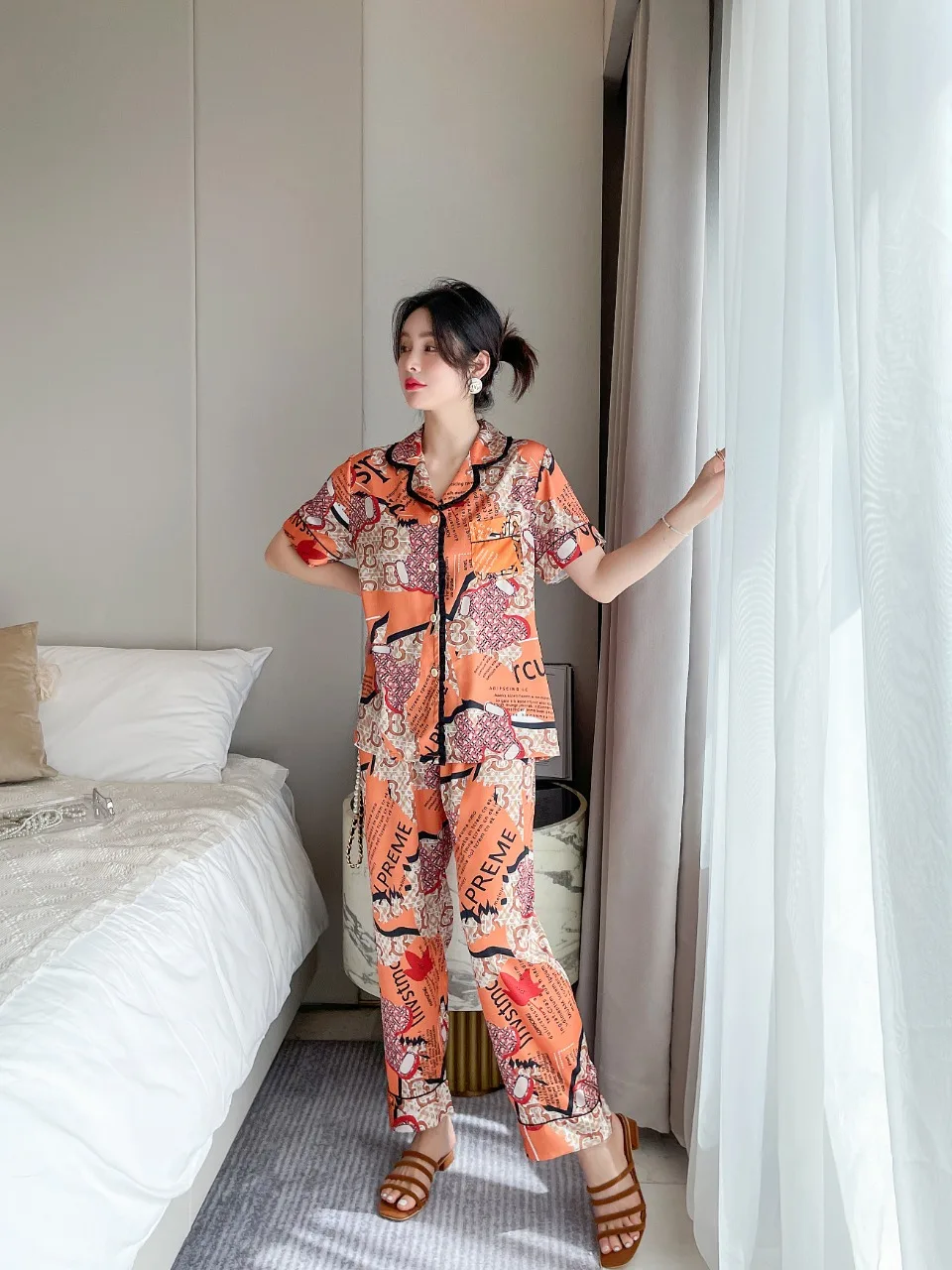 [Women's pajamas] [high-quality]Pajamas Women's Summer Ear Edge Short Sleeve Long Pants Printed Cardigan Ice Silk Set Home Fur