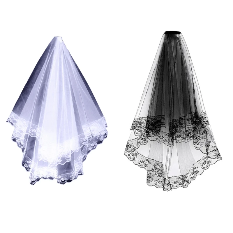 

Punk Bride Layered Veil Headpieces with Lace Floral Trim Wedding Bride Veil Tulle Halloween Bride Wedding Party Veil