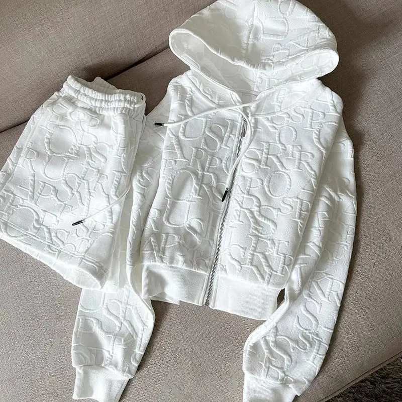

2022 Autumn Hoodies Set Womens Set Jacquard Cardigan Hooded Coat Short Fashion Loose Shorts Sport 2 Piece Suit Hoodies Women